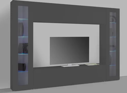 Wohnwand Benevent (4-teilig) in Anthrazit matt - Stilvolle Aufbewahrungslösung - Wohnwände: Die Wohnwand Benevent bietet elegantes Design mit 8 Glaseinlegeböden und flexibler Montage. Ideal für stilvolle Wohnzimmer und optimale Präsentation Ihrer Dekoration.