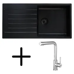 Caressi CAQPP850R10BK-EB Spüle, Einbau mit Küchenarmatur CABL003CHU. Schwarz.