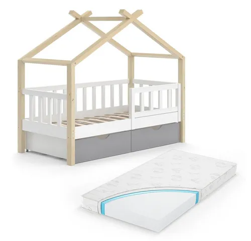 VitaliSpa® Hausbett Design, Weiß/Naturholz/Naturholz, 70x140 cm mit Schubladen und Mat...