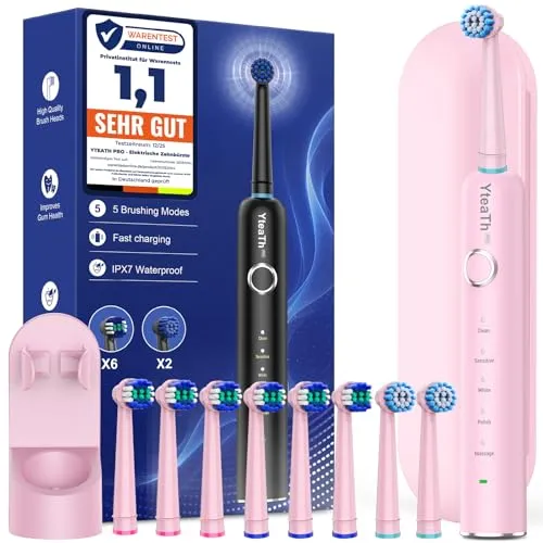 Rotierend Elektrische Zahnbürsten für Erwachsene und Kinder mit 8 Aufsteckbürste, Electric Toothbrush mit Wandhalterung Ladestation, 5 Putzmodi und Reiseetui, 60 Tage Akkulaufzeit (Pink)