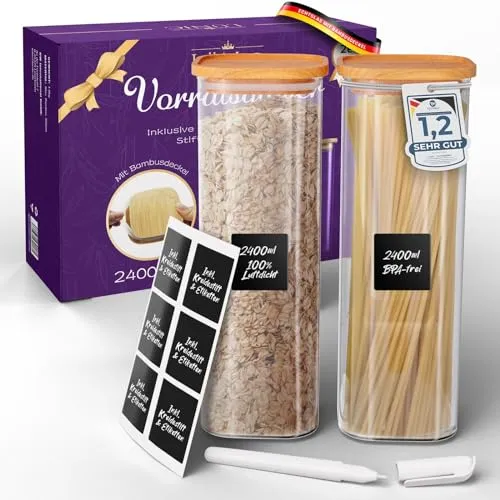 LÜNIC Vorratsgläser mit Bambusdeckel – Vorratsbehälter Glasbehälter Vorratsdosen Aufbewahrungsgläser eckig, luftdicht, stapelbar (2er Set - 2400 ml)
