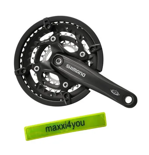 Shimano Kurbelgarnitur Trekking FC-T521 mit Reflexband - Hochwertige 3x10 Kurbelgarnitur für Trekkingräder mit leichter Hollowtech-Konstruktion. Inklusive Kettenschutzring und maxxi4you Reflexband für zusätzliche Sicherheit. Ideal für sportliche Fahrer.