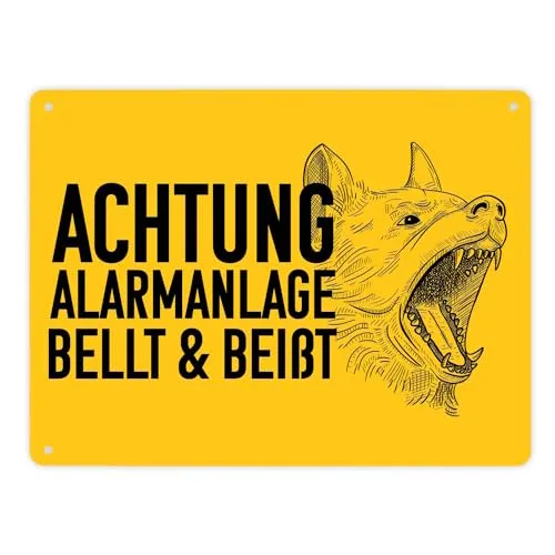 Achtung Alarmanlage bellt und beißt Metallschild XL in 21x28 cm mit Hunde Motiv Blechschild für Hundebesitzer mit bellendem Hund um Einbrecher abzuschrecken für deine Sicherheit