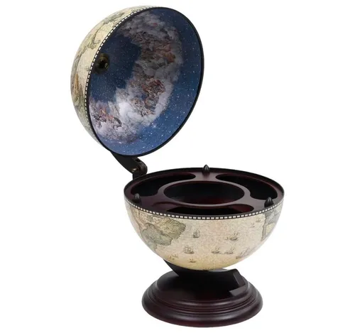 vidaXL Eukalyptusholz Globus Minibar - Weinregal und Dekobar in einem, bietet viel Platz für Wein und Gläser, stilvolle nautische Gestaltung und antike Fresken, ideal für Zuhause oder Büro.