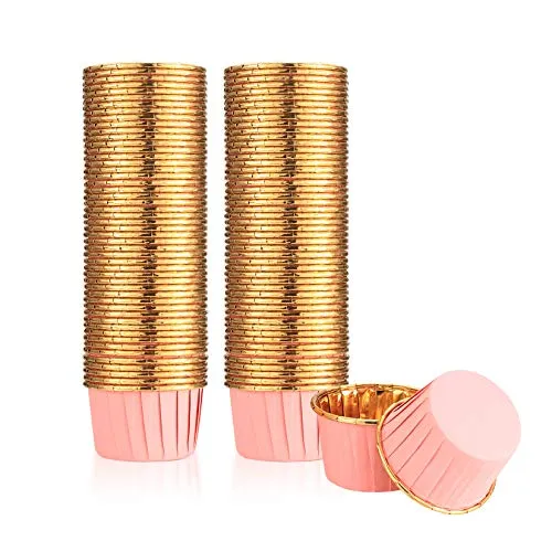 Ewwtrey 100 Stück Muffinförmchen Papier, Cupcake Formen Papier, Folien Metallic Muffin Wrappers, Backetuis Muffins Papierförmchen für Cupcakes, Geburtstag, Hochzeit, Weihnachtsfeier - Rosa