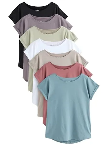 NEXT Damen T-Shirts mit überschnittenen Schultern aus 100% Baumwolle, 7er-Pack Mehrfach 46