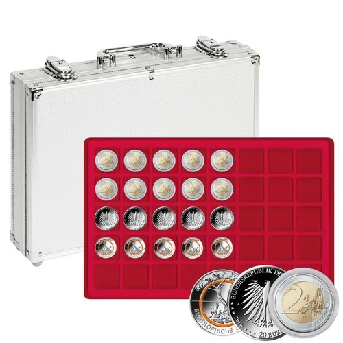 Lindner Münzkoffer S2340-200 mit 5 roten Münztableaus für Münzen bis 34 mm Ø Neu