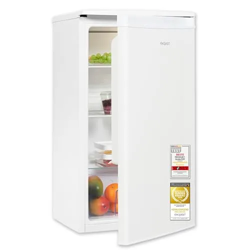 Exquisit Vollraumkühlschrank | 76 l Nutzinhalt, Energieeffizienzklasse E, 41 dB(A) | kompakt, LED-Innenbeleuchtung, manuelle Temperaturregelung, Glasablagen, Gemüseschublade | KS585-V-091E weiss