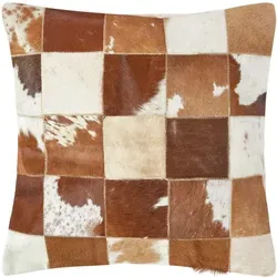 Homescapes - Patchwork Kissen Leder 45x45 Cm, Fell-kissen Creme-braun Kariert