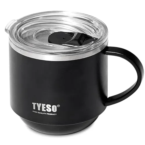 Klaraber Isolierter Kaffeebecher, Thermobecher mit Griff, isolierter Campingbecher mit Deckel, doppelwandiger Edelstahl-Bierkrug, auslaufsicher, wiederverwendbar, 330 ml (schwarz)