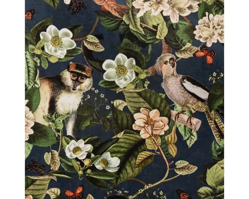 Stoff Samtstoff Dekostoff Italian Velvet Affe Vogel blau