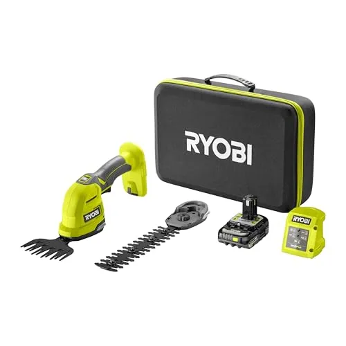RYOBI Akku-Gras- & Strauchschere ONE+ 18 V mit Tasche - Heckenscheren mit 2 Funktionen: präzise Grasschere und leistungsstarke Strauchschere. Inkl. 2,0 Ah Akku & Ladegerät für kabellosen Einsatz im Garten.