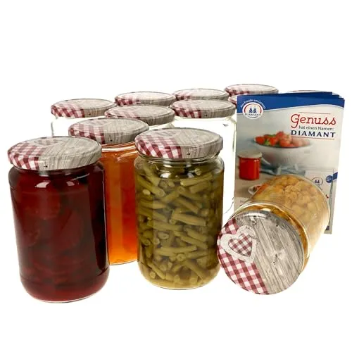 MamboCat 12er Set Einmachglas 720 ml I Deckel mit Holz Herz Rot-Dekor I Twist-Off TO 82 I Rund- / Einkochgläser I Vorratsglas I + GRATIS Rezeptheft I Glasbehälter zur Aufbewahrung