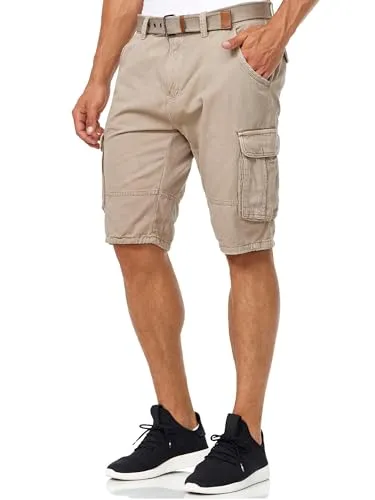 Indicode Herren Monroe Cargo Cargo-Shorts inkl. Gürtel | Bermuda Männer Sommerhose aus Baumwolle Greige, XXL