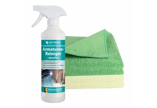 HOTREGA Armaturen-Reiniger säurefrei 500 ml mit Microfasertüchern - Spezialputzmittel für streifenfreien Glanz auf Metall-Armaturen, inkl. 4 Microfasertüchern für Bad und Küche mit Abperl-Effekt.