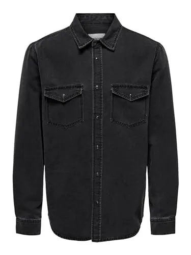 Only & Sons Herren Freizeit Hemd ONSBANE DENIM Regular Fit Grau - Herren-Freizeithemden, aus 100% Baumwolle für hohen Tragekomfort und modischen Look, ideal für entspannte Tage oder lässige Anlässe.