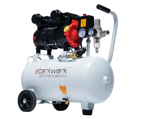 Starkwerk Flüsterkompressor SW 375/10 Pro - Kompressor mit nur 69 dB, ideal für ruhige Druckluftarbeiten. Ölfrei und mit Wasserabscheider für trockene Druckluft - perfekt für Werkstatt und Hobby!