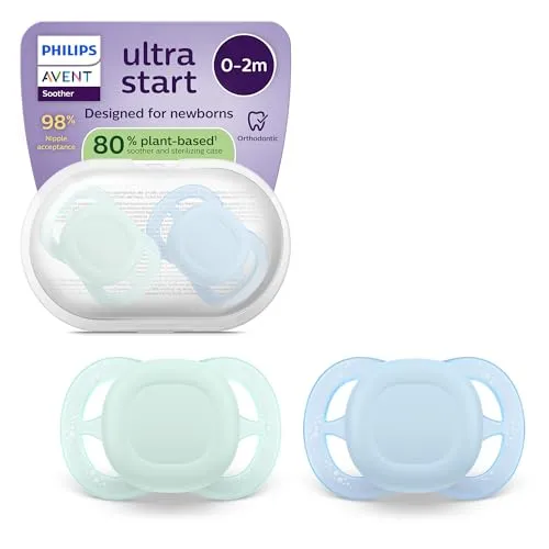 Philips Avent ultra start Schnuller – kiefergerecht geformtes Design, für Neugeborene, weicher, symmetrischer Silikonsauger, BPA-frei, mit Sterilisationsbehälter, 2er-Pack, SCF075/12