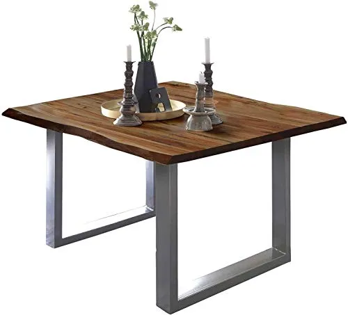 SAM Esszimmertisch 90x90 cm ULM, Baumkantentisch nussbaumfarben, Akazienholz massiv, U-Gestell aus Metall Silber