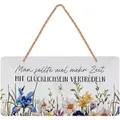 Produktbild: LANOLU Retro Blechschilder ZEIT MIT GLÜCKLICHSEIN- vintage Metallschilder mit Sprüchen als Wanddeko für Küche und Garten - Shabby Chic Deko inkl. Jutekordel 16x32cm