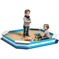 Produktbild: Sandkasten 133 x 108 cm Sandkiste aus Holz Sandbox mit Sitzbank, Bodenschutzfolie für 4 Kinder 3-7 Jahre Blau - Aiyaplay