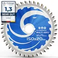 Produktbild: FALKENWALD ® AKKU Kreissägeblatt 150x20 - Inkl. 10 / 16mm Ring + Kompatibel mit Bosch PKS 18 LI, Makita DCS553Z - Ideal zum Sägen in Holz, Metall & Alu - Sägeblatt 150x20