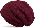 Produktbild: styleBREAKER Feinstrick Longbeanie Mütze mit Flecht Muster und warmem Fleece Innenfutter | Winter Strickmütze Unisex elastisch weich bequem warm, Farbe:Bordeaux-Violett