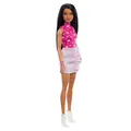 Produktbild: Barbie Fashionistas Puppe Nr. 215 mit schwarzem, glattem Haar, pinkem Oberteil mit Sternenmuster und schillerndem Rock, Modepuppe zum Sammeln anlässlich des 65. Jubiläums, HRH13