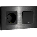 Produktbild: Navaris Lichtschalter mit Schuko Steckdose - mit Aluminium Rahmen - Design Glas Schalter einfach - Aufputz Wippschalter Wandschalter in Schwarz - Schwarz