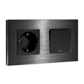 Produktbild: Navaris Lichtschalter mit Schuko Steckdose - mit Aluminium Rahmen - Design Glas Schalter einfach - Aufputz Wippschalter Wandschalter in Schwarz