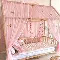 Produktbild: Baby Fancyroom Hausbett Himmel Betthimmel rosa für Kinderbett Kinderzimmer Baldachin Bettvorhang Betthimmel für Mädchen Prinzessin Zimmer (Himmel rosa mit 5gold Schmetterlingen, 380cm)