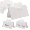Produktbild: Decoraparty 10 Tischkarten mit geschnitztem Herz in Perlweiß - Tischkarte Dekoration elegant aus Papier für Tisch Hochzeit Gastgeschenk Hochzeit Jahrestag Hochzeit ~ 9 x 6,5 cm