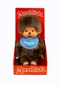 Produktbild: Sekiguchi 255040 - Original Monchhichi Junge, Plüschtier mit blauem Lätzchen und Zöpfen mit Schleifen, ca. 20 cm großes Kuscheltier aus braunem Plüsch, Braun