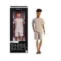 Produktbild: Barbie Basics Model 10 Ken Sammler-Modepuppe mit brünetten Haaren, T-Shirt und Shorts im Monoprint-Design, Universal-Fit-Mode und Made-to-Move Körper – ideales Muttertagsgeschenk, JJX29