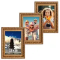 Produktbild: VictoR Vintage Bilderrahmen „Rubens“ 3er Set in 13x18 cm Braun Gold - Leiste: 30x20mm - Echtglas - Fotorahmen Barock - Antik - Bilderrahmen 13x18 Vintage
