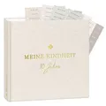 Produktbild: mintkind® Erinnerungsalbum Kindheit Leinen, Babybuch zum Eintragen mit Sticker Set, Geschenk zur Geburt, Erinnerungsbuch Kinder, Fotoalbum 0–10 Jahre, hochwertiges Hardcover Album