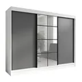 Produktbild: A&J MöbelLand Schwebetürenschrank ORAVELLE Kleiderschrank 3-türig mit Schubladen und Spiegel Garderobenschrank 200 cm (Weiß/Graphit)