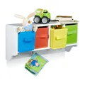Produktbild: Relaxdays Kinder Wandregal ALBUS, Wandgarderobe mit 4 Kleiderhaken, Kinderregal mit 4 bunte Faltboxen, HBT: ca. 28 x 61 x 16 cm, weiß