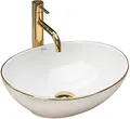 Produktbild: Rea Aufsatzwaschbecken Sofia Gold Edge Waschtisch Handwaschbecken Waschschale Waschbecken für Badezimmer aus hochwertiger Keramik 410 mm x 345 mm x 150 mm (weiß)