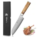 Produktbild: Wakoli Oribu Küchenmesser mit scharfer 17,5 cm Damastklinge aus 67 Lagen Damaststahl - Santoku Messer mit Olivenholzgriff - Gemüsemesser - Scharfes Messer in Geschenkbox - Universalmesser