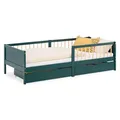 Produktbild: Homestyle4u Kinderbett 90x200 mit Rausfallschutz Schubladen Lattenrost Grün Bett Kinder Bodenbett Holzbett Kiefer Holz ausziehbar