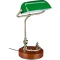 Produktbild: Bankerlampe, neigbarer Glasschirm, Holzfuß, E27-Fassung, Schreibtischlampe Retro, Bibliothekslampe, grün-braun - Relaxdays