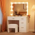 Produktbild: Schminktisch Weiß, Make Up Tisch mit Spiegel, LED Beleuchtung, Steckdose, 4 S...