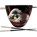 Produktbild: Vincent Trinidad Ramen Set mit Schüssel und Essstäbchen (Great Wave Design) 510ml Keramikschüssel & ein Paar lackierte Holzstäbchen - Offizielles Lizenzprodukt, Rot