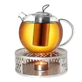 Produktbild: Creano Teekanne aus Glas 1,0l Jumbo + EIN Stövchen aus Edelstahl, 3-teilige Glasteekanne mit integriertem Edelstahl Sieb und Glasdeckel, ideal zur Zubereitung von losen Tees, tropffrei