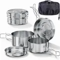 Produktbild: Camping Kochgeschirr Topfset Edelstahl 4-teilig 900ml 600ml für Gaskocher