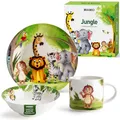 Produktbild: MIAMIO - 3er-Set Kindergeschirr/Porzellan Kinderbesteck, Kindergeschirr-Set aus Porzellan - Inklusive Teller, Schüssel und Tasse - Für Kinder und Kleinkinder (Dschungel) Jungle Grün