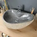 Produktbild: 60 cm Stein Aufsatzwaschbecken mit Hahnloch Naturstein Waschbecken Granitwaschbecken Findling für Bad Gäste WC Handwaschbecken Waschschale Wohnfreuden