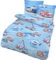 Produktbild: Polizei & Feuerwehr Bettwäsche 80x80 + 135x200 cm · Bettwäsche für Kinder / Jungen - 100 % Baumwolle in Fein-Biber