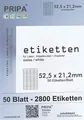 Produktbild: pripa 2.800 Etiketten 52,5 x 21,2 mm, 50 Blatt DIN A4 Selbstklebende Etiketten.Der Einzelbogen ist aufgeteilt in 56 Etiketten pro Bogen, 2.800Etiketten (50)